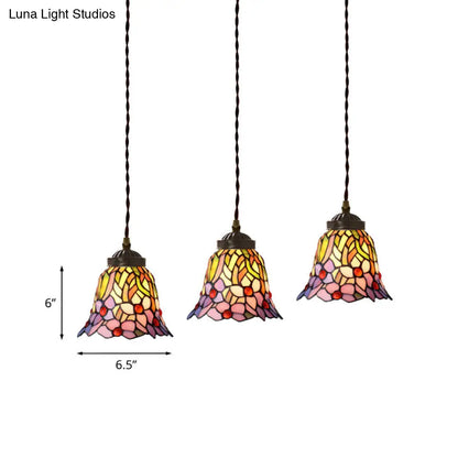 Mediterranean 3-Light Multi Pendant with Stained Glass Shades in Pink/Blue/Green