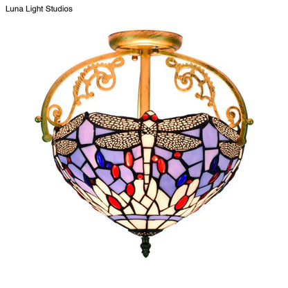 Mediterranean Beige/Red/Orange Dragonfly Semi-Flush Kitchen Ceiling Light with Glass Shade