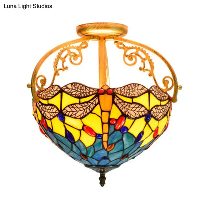 Mediterranean Beige/Red/Orange Dragonfly Semi-Flush Kitchen Ceiling Light with Glass Shade