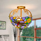 Mediterranean Beige/Red/Orange Dragonfly Semi-Flush Kitchen Ceiling Light with Glass Shade