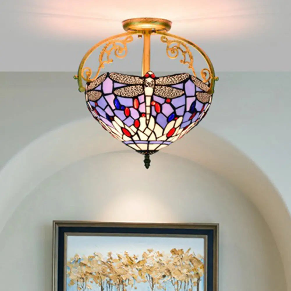 Mediterranean Beige/Red/Orange Dragonfly Semi-Flush Kitchen Ceiling Light with Glass Shade