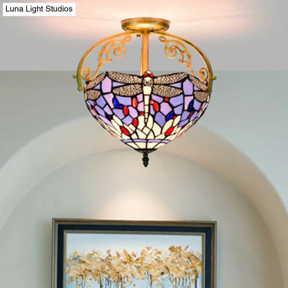 Mediterranean Beige/Red/Orange Dragonfly Semi-Flush Kitchen Ceiling Light with Glass Shade