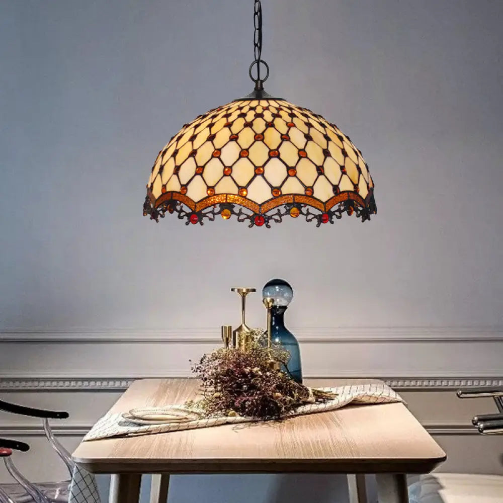 Mediterranean Beige Stained Glass Ceiling Lamp: Scalloped Design, 1 Light Suspension Pendant for Kitchen