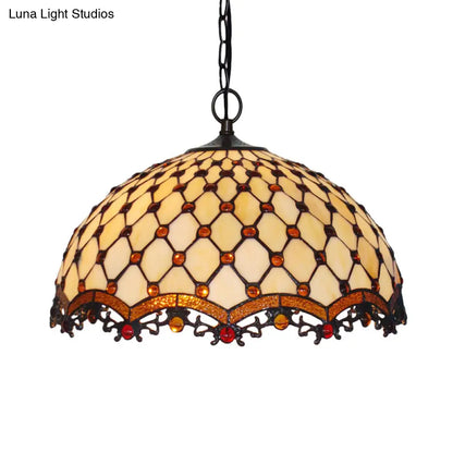 Mediterranean Beige Stained Glass Ceiling Lamp: Scalloped Design, 1 Light Suspension Pendant for Kitchen