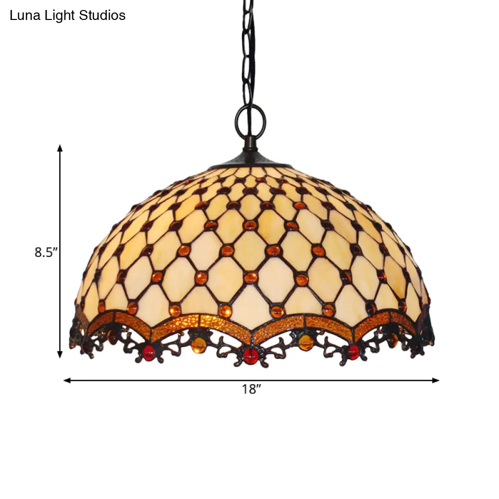 Mediterranean Beige Stained Glass Ceiling Lamp: Scalloped Design, 1 Light Suspension Pendant for Kitchen