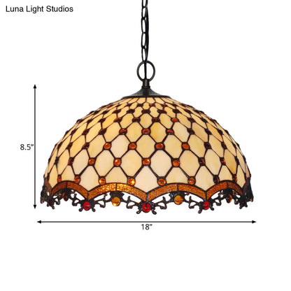 Mediterranean Beige Stained Glass Ceiling Lamp: Scalloped Design, 1 Light Suspension Pendant for Kitchen