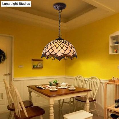 Mediterranean Beige Stained Glass Ceiling Lamp: Scalloped Design, 1 Light Suspension Pendant for Kitchen