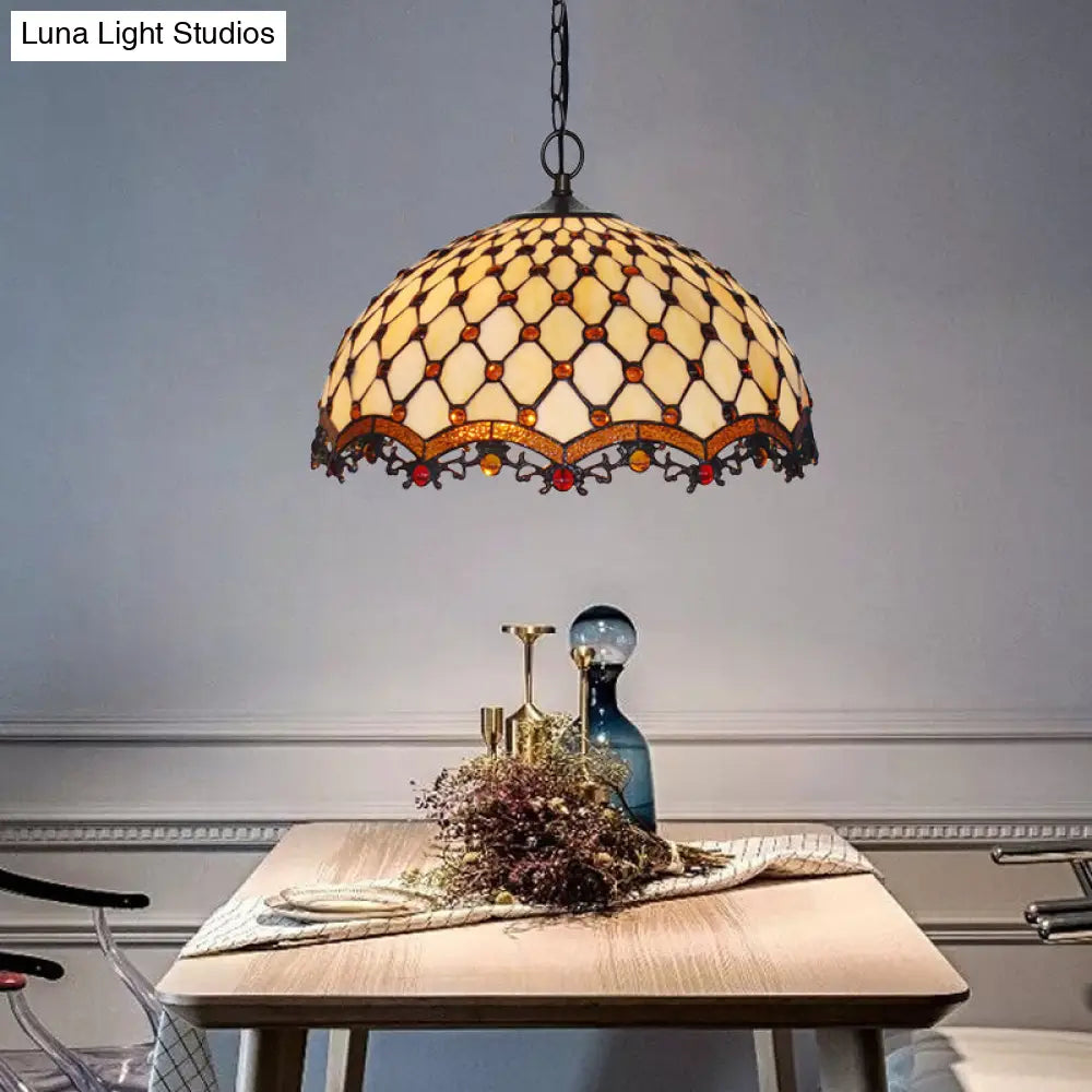 Mediterranean Beige Stained Glass Ceiling Lamp: Scalloped Design, 1 Light Suspension Pendant for Kitchen