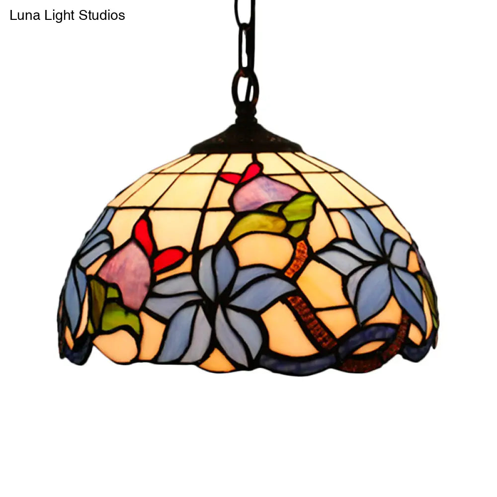 Mediterranean Black Blossom Down Lighting Pendant Light with Colorful Stained Glass - 1 Light