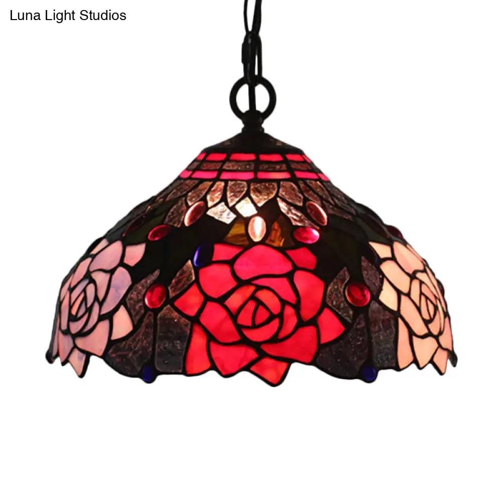 Mediterranean Black Blossom Down Lighting Pendant Light with Colorful Stained Glass - 1 Light