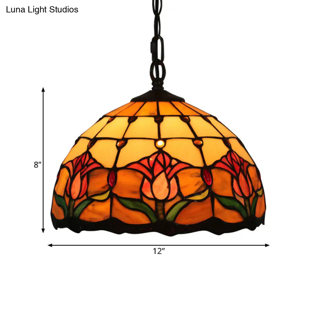 Mediterranean Black Blossom Down Lighting Pendant Light with Colorful Stained Glass - 1 Light