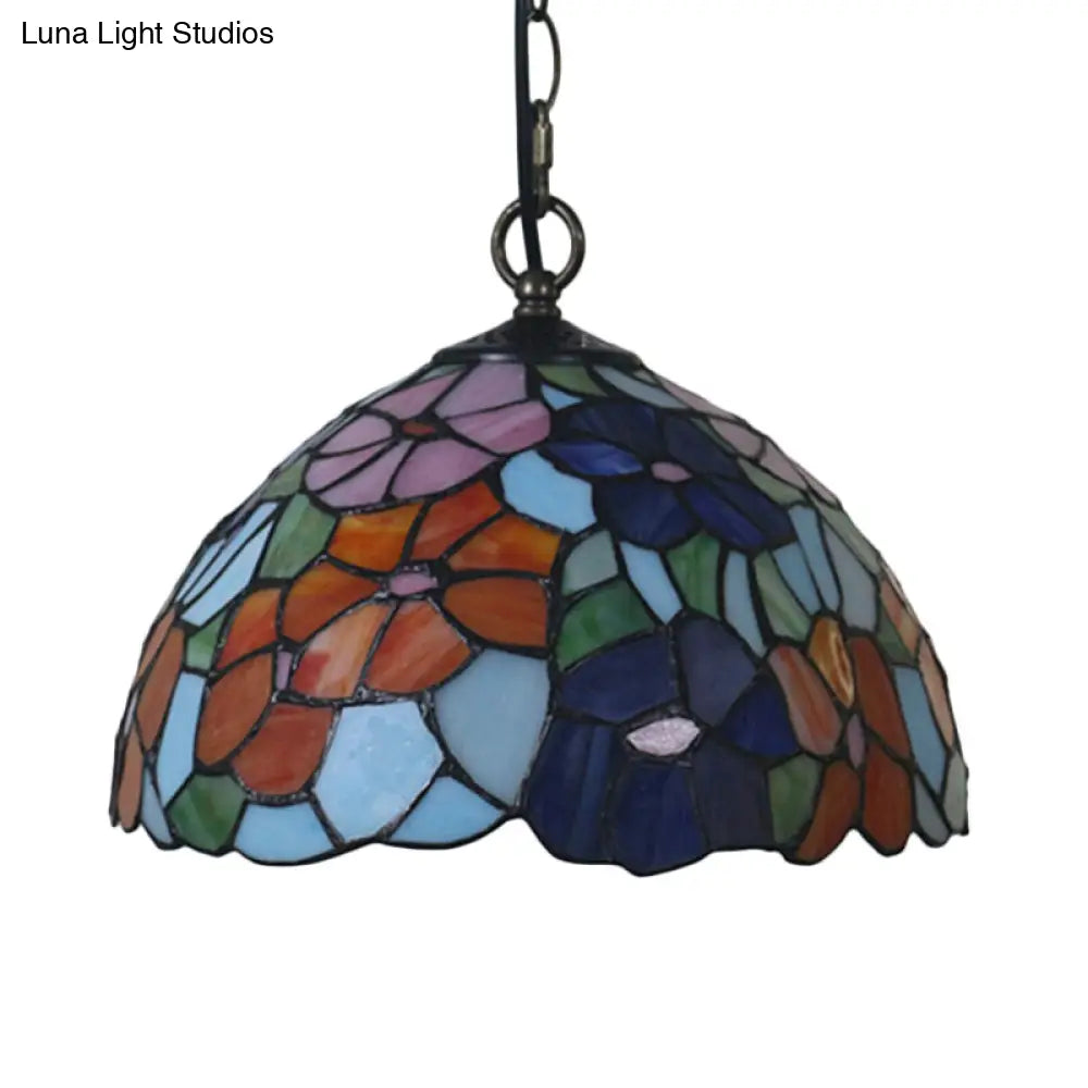 Mediterranean Black Blossom Down Lighting Pendant Light with Colorful Stained Glass - 1 Light