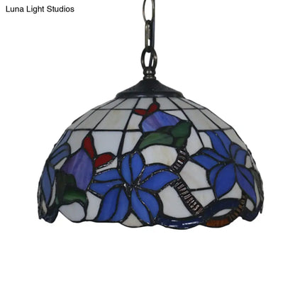 Mediterranean Black Blossom Down Lighting Pendant Light with Colorful Stained Glass - 1 Light