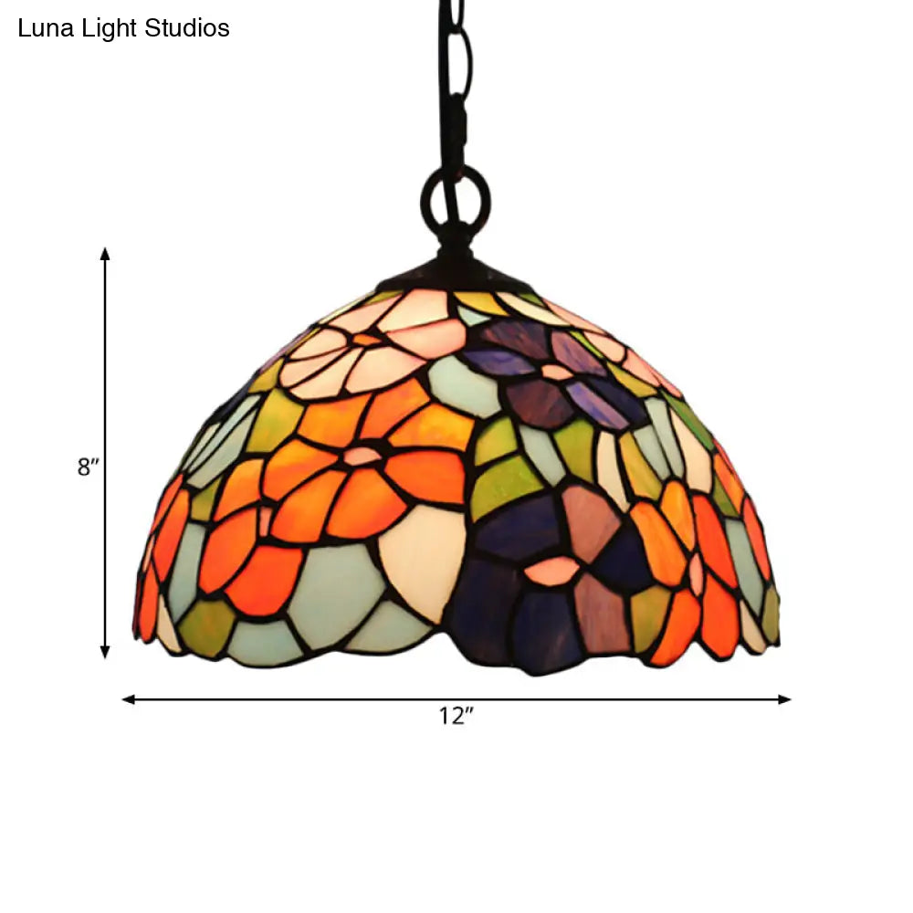 Mediterranean Black Blossom Down Lighting Pendant Light with Colorful Stained Glass - 1 Light