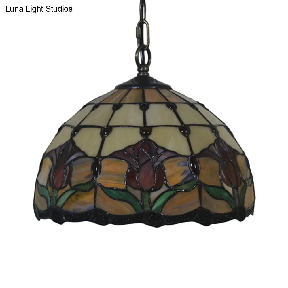 Mediterranean Black Blossom Down Lighting Pendant Light with Colorful Stained Glass - 1 Light