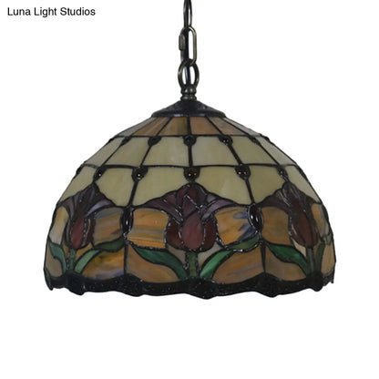 Mediterranean Black Blossom Down Lighting Pendant Light with Colorful Stained Glass - 1 Light