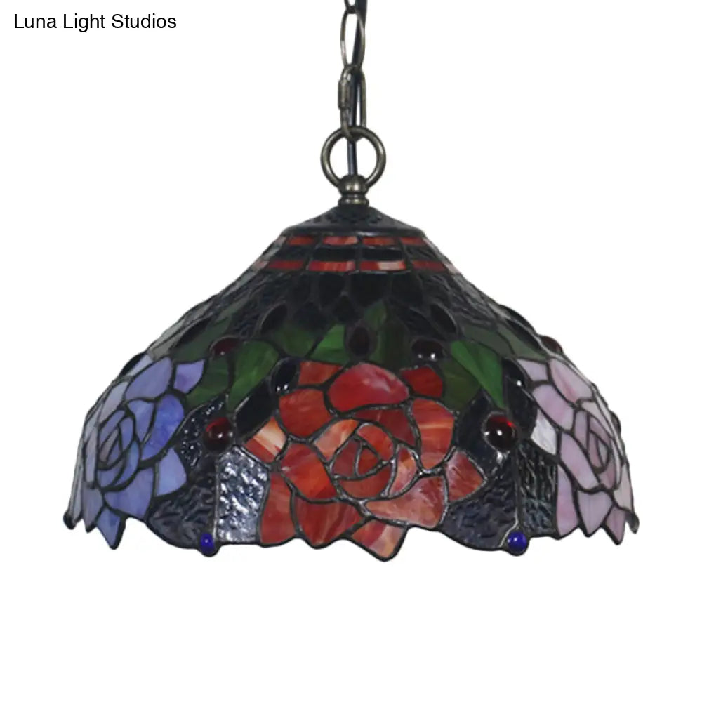 Mediterranean Black Blossom Down Lighting Pendant Light with Colorful Stained Glass - 1 Light