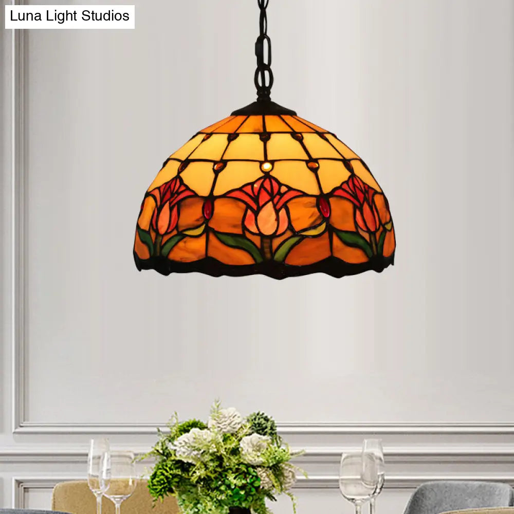 Mediterranean Black Blossom Down Lighting Pendant Light with Colorful Stained Glass - 1 Light