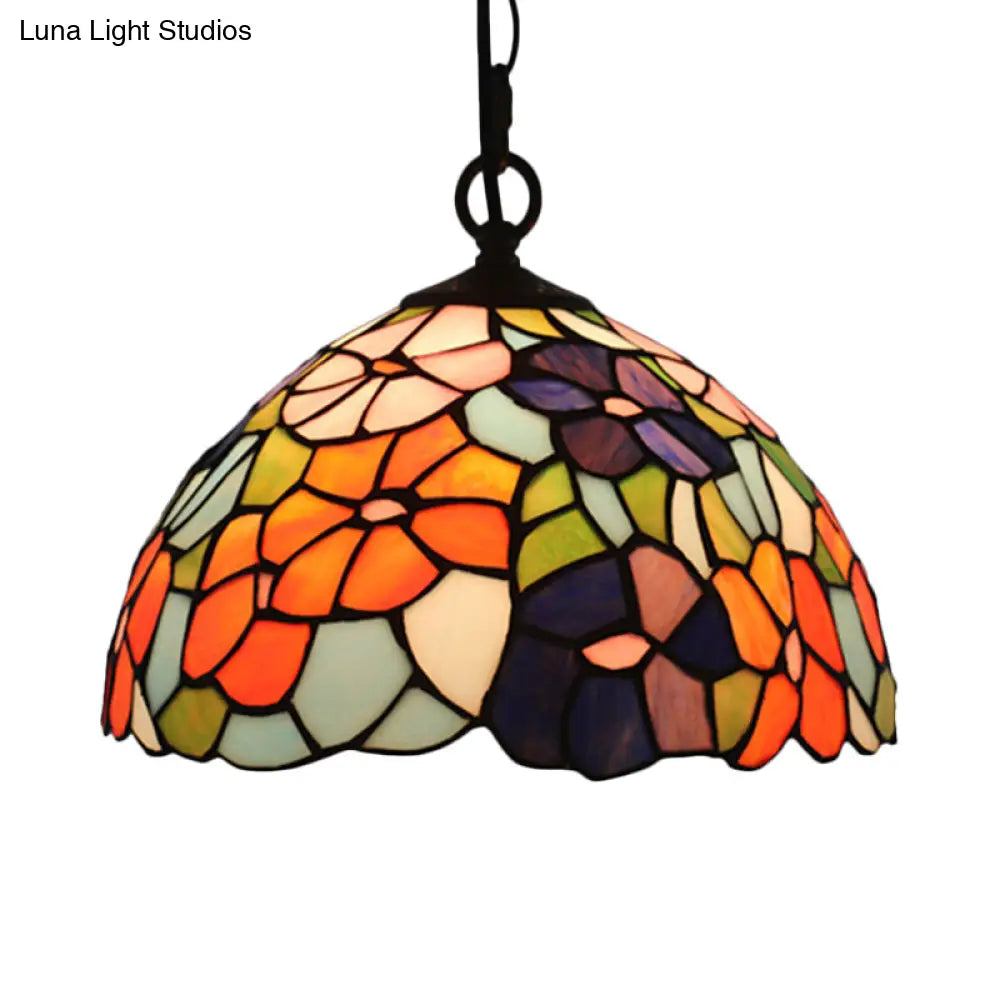 Mediterranean Black Blossom Down Lighting Pendant Light with Colorful Stained Glass - 1 Light