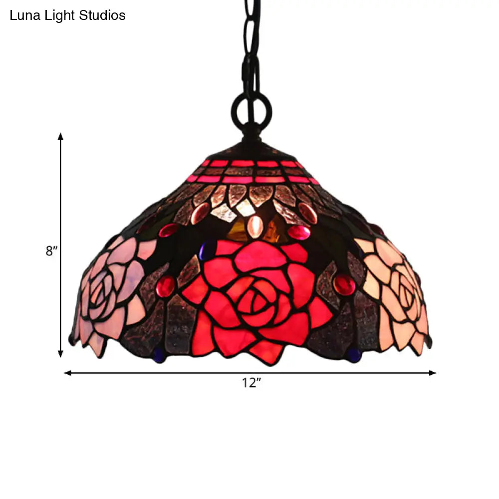 Mediterranean Black Blossom Down Lighting Pendant Light with Colorful Stained Glass - 1 Light