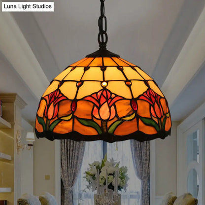 Mediterranean Black Blossom Down Lighting Pendant Light with Colorful Stained Glass - 1 Light