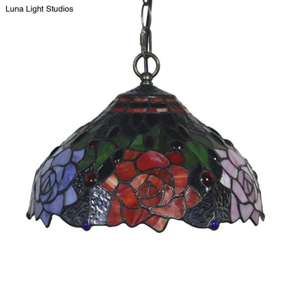 Mediterranean Black Blossom Down Lighting Pendant Light with Colorful Stained Glass - 1 Light