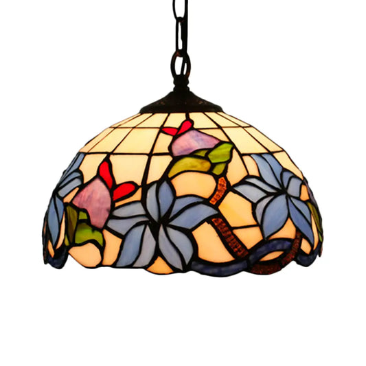 Mediterranean Black Blossom Down Lighting Pendant Light with Colorful Stained Glass - 1 Light