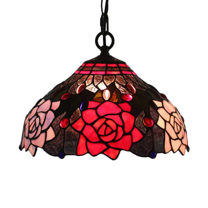 Mediterranean Black Blossom Down Lighting Pendant Light with Colorful Stained Glass - 1 Light