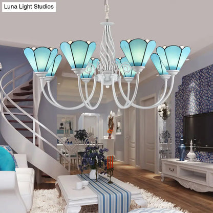 Mediterranean Blue Conical Glass Chandelier with White Arched Arm - Handcrafted Hanging Ceiling Light