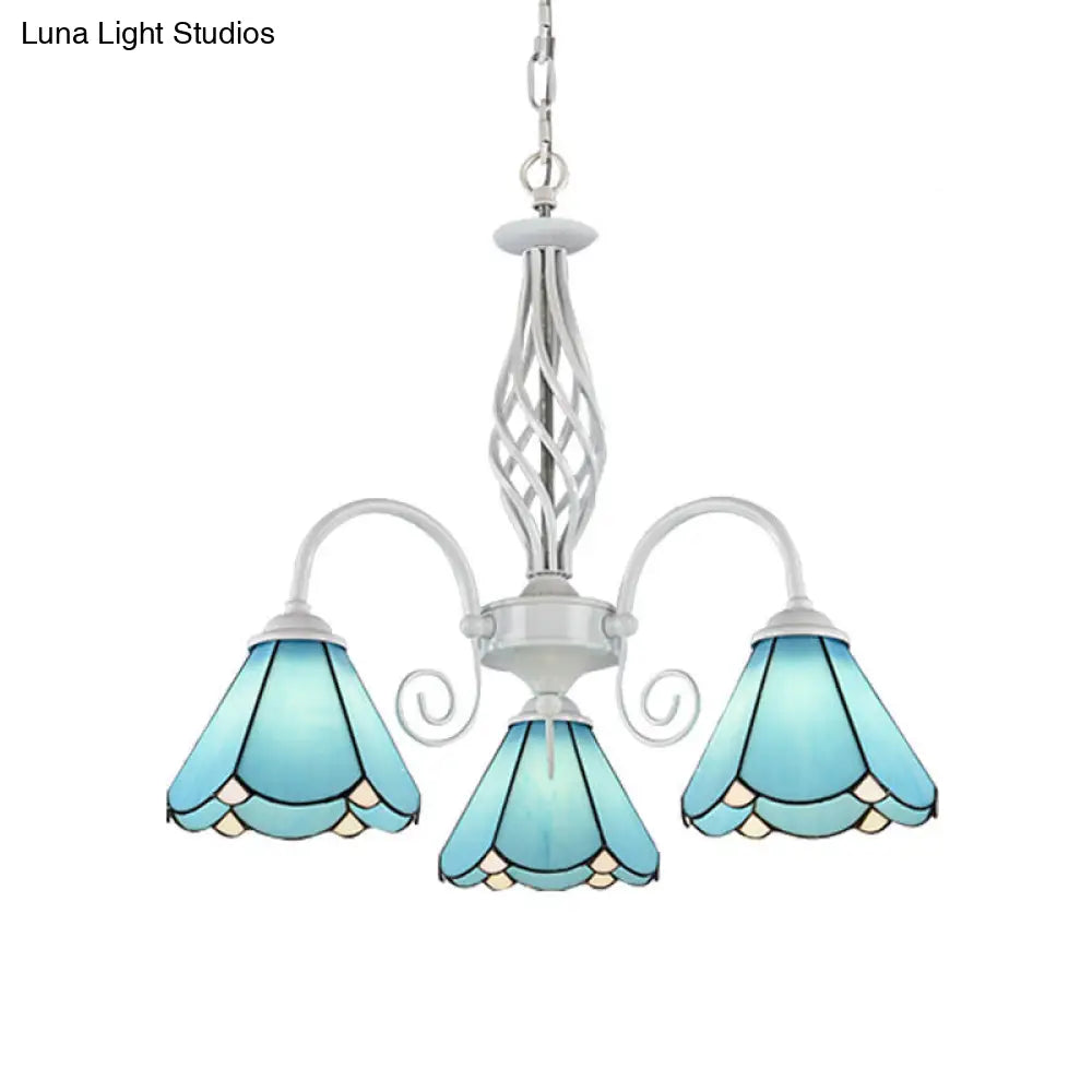 Mediterranean Blue Conical Glass Chandelier with White Arched Arm - Handcrafted Hanging Ceiling Light