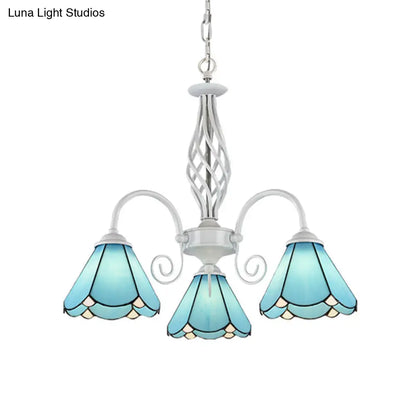 Mediterranean Blue Conical Glass Chandelier with White Arched Arm - Handcrafted Hanging Ceiling Light