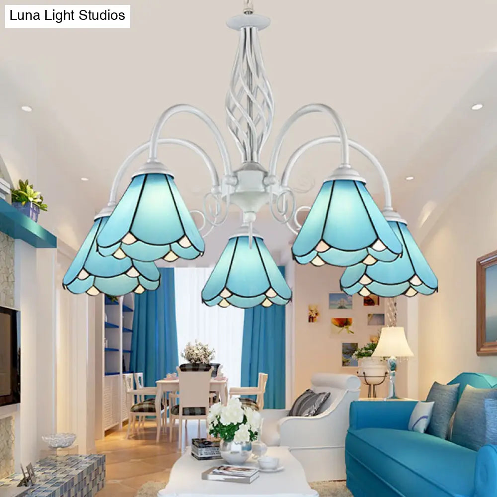 Mediterranean Blue Conical Glass Chandelier with White Arched Arm - Handcrafted Hanging Ceiling Light