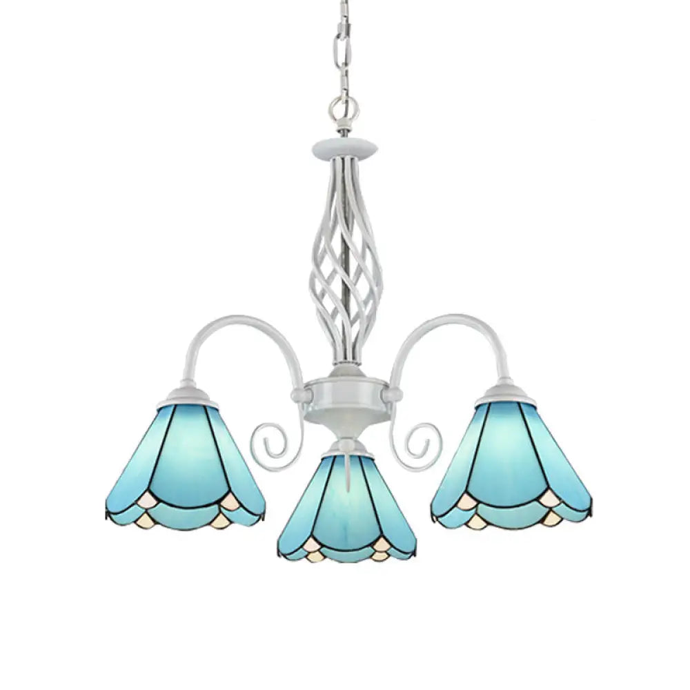 Mediterranean Blue Conical Glass Chandelier with White Arched Arm - Handcrafted Hanging Ceiling Light