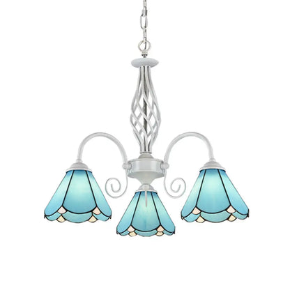 Mediterranean Blue Conical Glass Chandelier with White Arched Arm - Handcrafted Hanging Ceiling Light