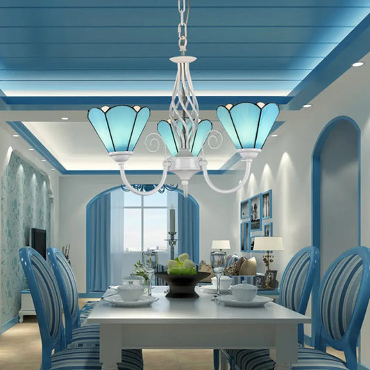 Mediterranean Blue Conical Glass Chandelier with White Arched Arm - Handcrafted Hanging Ceiling Light