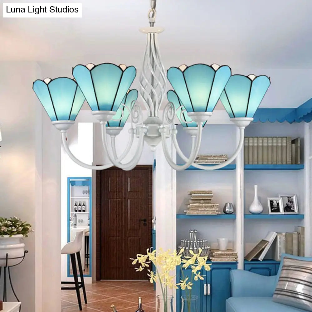 Mediterranean Blue Conical Glass Chandelier with White Arched Arm - Handcrafted Hanging Ceiling Light