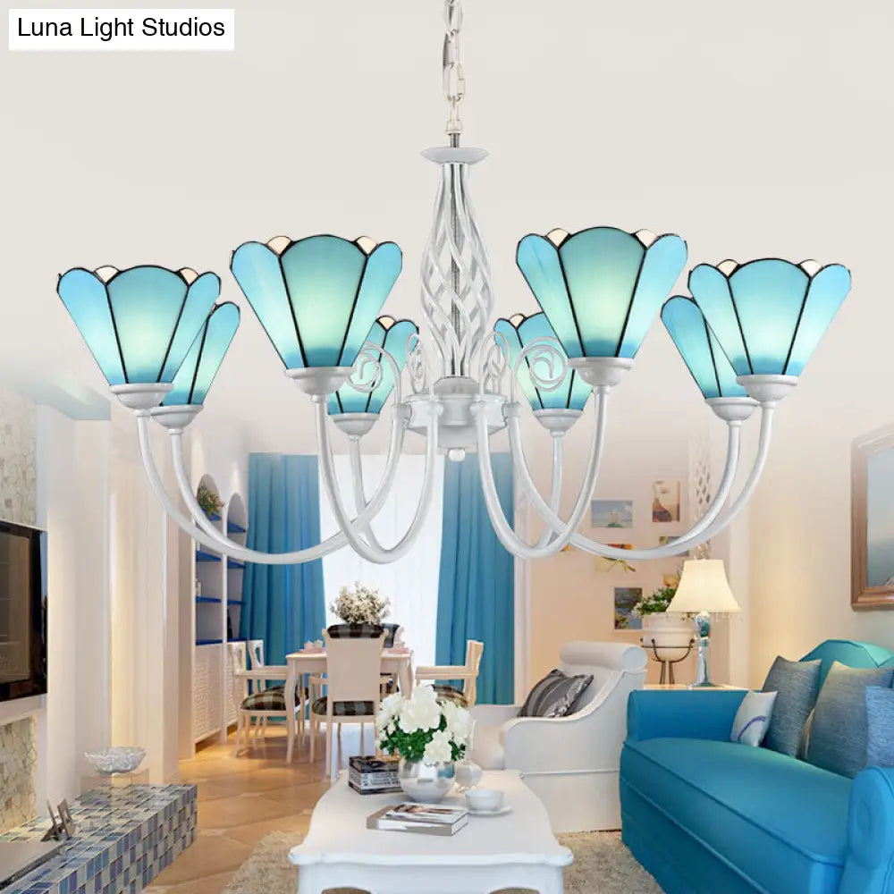 Mediterranean Blue Conical Glass Chandelier with White Arched Arm - Handcrafted Hanging Ceiling Light