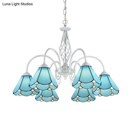 Mediterranean Blue Conical Glass Chandelier with White Arched Arm - Handcrafted Hanging Ceiling Light