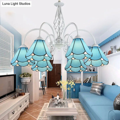 Mediterranean Blue Conical Glass Chandelier with White Arched Arm - Handcrafted Hanging Ceiling Light