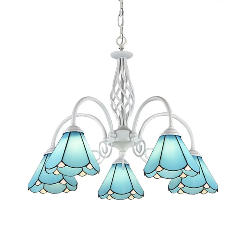 Mediterranean Blue Conical Glass Chandelier with White Arched Arm - Handcrafted Hanging Ceiling Light