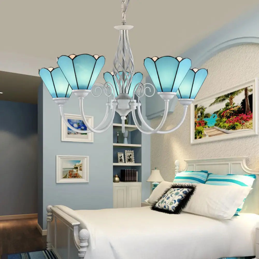 Mediterranean Blue Conical Glass Chandelier with White Arched Arm - Handcrafted Hanging Ceiling Light
