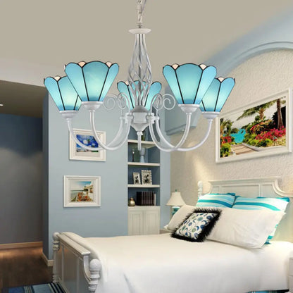 Mediterranean Blue Conical Glass Chandelier with White Arched Arm - Handcrafted Hanging Ceiling Light