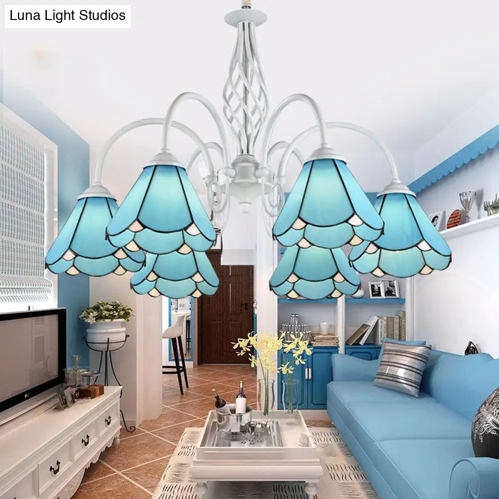 Mediterranean Blue Conical Glass Chandelier with White Arched Arm - Handcrafted Hanging Ceiling Light