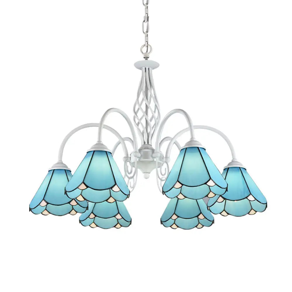 Mediterranean Blue Conical Glass Chandelier with White Arched Arm - Handcrafted Hanging Ceiling Light