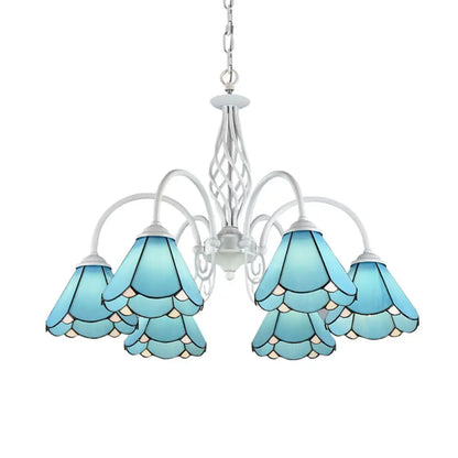 Mediterranean Blue Conical Glass Chandelier with White Arched Arm - Handcrafted Hanging Ceiling Light
