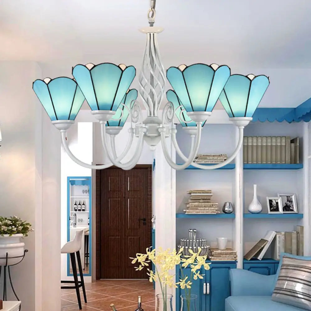 Mediterranean Blue Conical Glass Chandelier with White Arched Arm - Handcrafted Hanging Ceiling Light