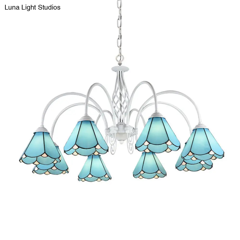 Mediterranean Blue Conical Glass Chandelier with White Arched Arm - Handcrafted Hanging Ceiling Light