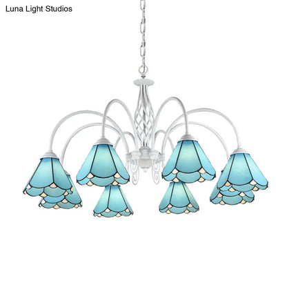 Mediterranean Blue Conical Glass Chandelier with White Arched Arm - Handcrafted Hanging Ceiling Light