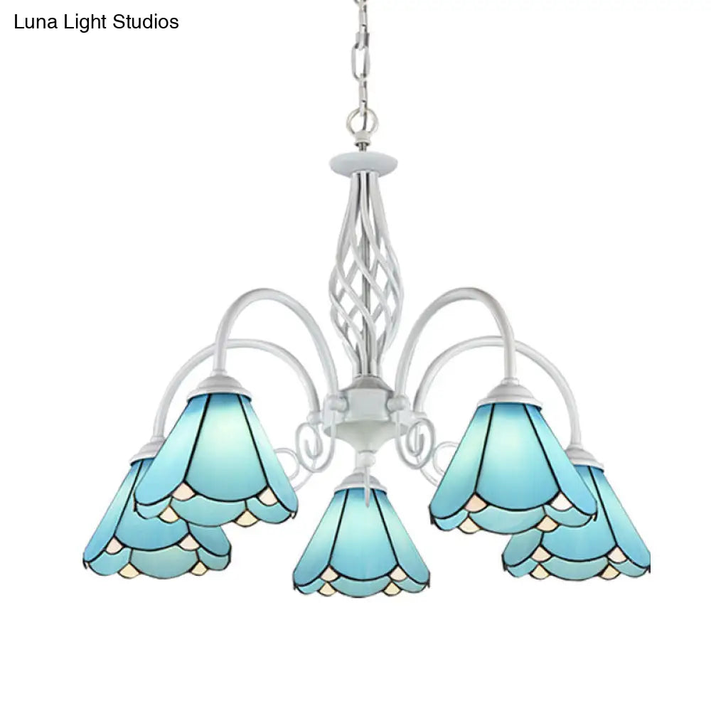 Mediterranean Blue Conical Glass Chandelier with White Arched Arm - Handcrafted Hanging Ceiling Light