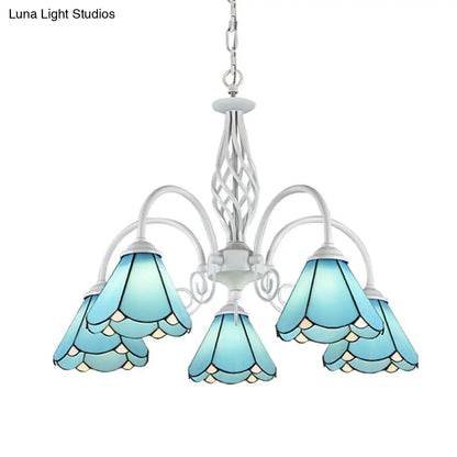 Mediterranean Blue Conical Glass Chandelier with White Arched Arm - Handcrafted Hanging Ceiling Light